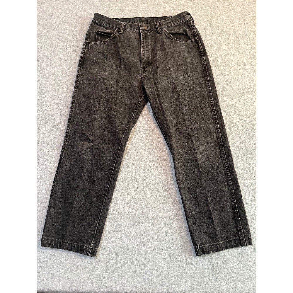 Rustler Mens Black Straight Leg Jeans 34x26 Hemmed Faded Cotton Denim